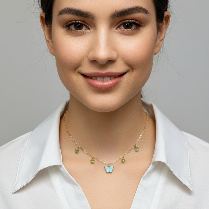 Ice Blue Peridot Green Butterfly Choker Necklace, Add a touch of charm with the 2 tone blue green Butterfly Necklace, a delightful mix of pearlized and crystal 