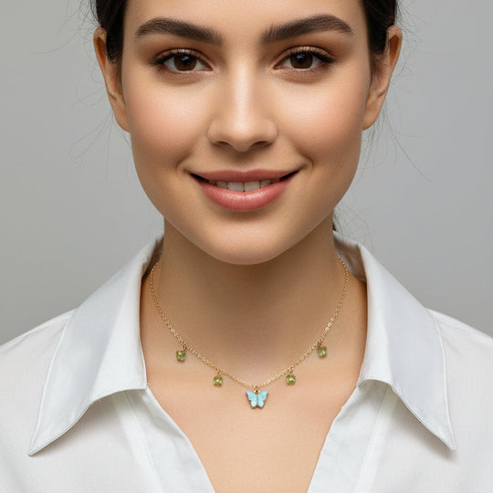 Ice Blue Peridot Green Butterfly Choker Necklace, Add a touch of charm with the 2 tone blue green Butterfly Necklace, a delightful mix of pearlized and crystal 