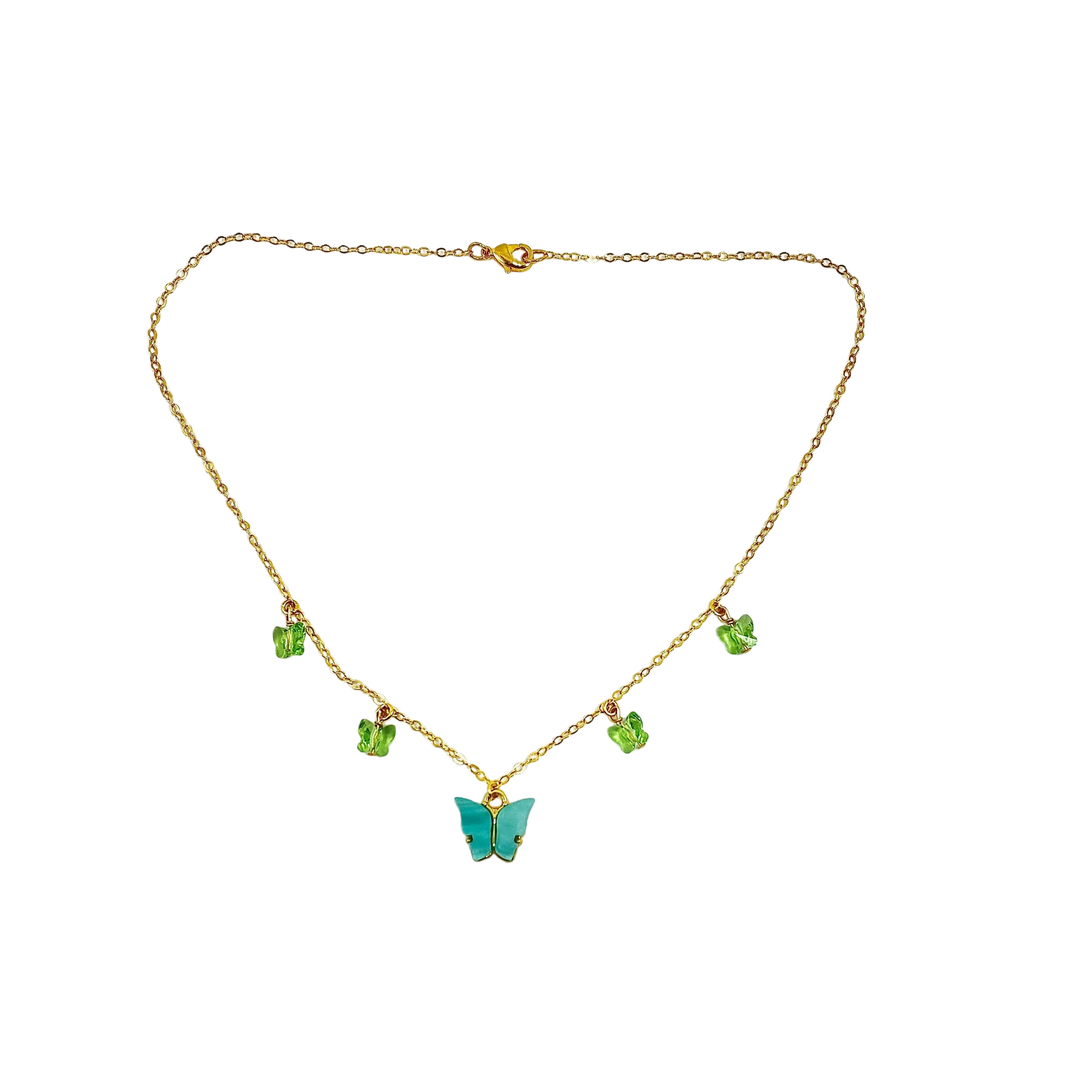 Ice Blue Peridot Green Butterfly Choker Necklace, Add a touch of charm with the 2 tone blue green Butterfly Necklace, a delightful mix of pearlized and crystal 