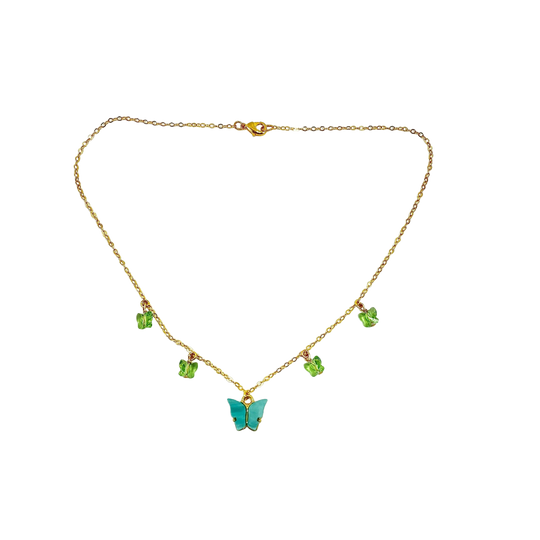 Ice Blue Peridot Green Butterfly Choker Necklace, Add a touch of charm with the 2 tone blue green Butterfly Necklace, a delightful mix of pearlized and crystal 