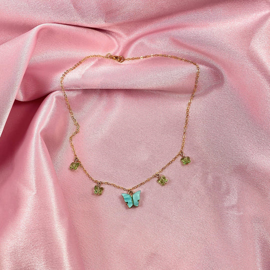 Ice Blue Peridot Green Butterfly Choker Necklace, Add a touch of charm with the 2 tone blue green Butterfly Necklace, a delightful mix of pearlized and crystal 