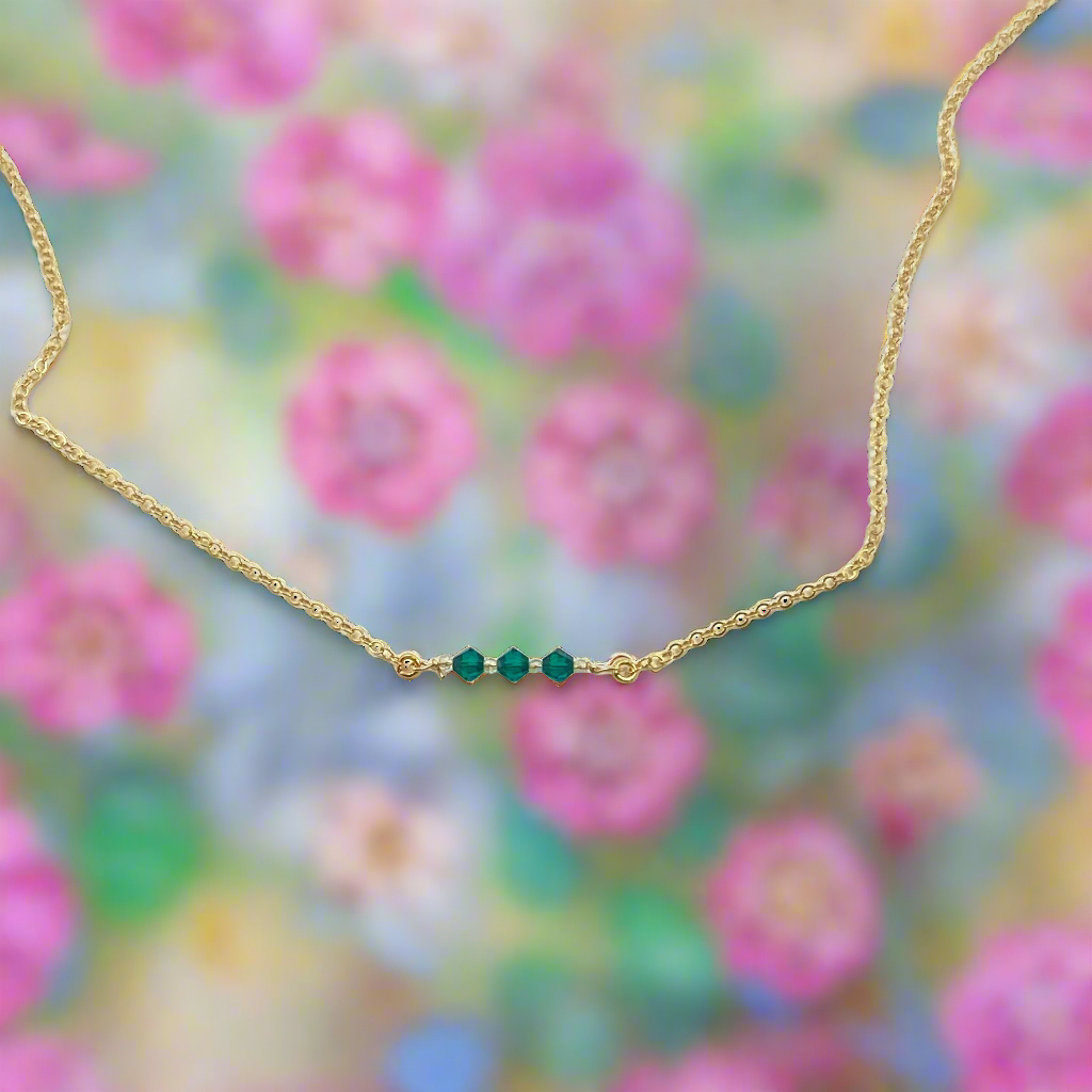 Emerald Green Crystal Bar Necklace, This hand made Emerald Green Crystal Bar Necklace combines minimalist vibes with a boho twist. Featuring three dazzling
