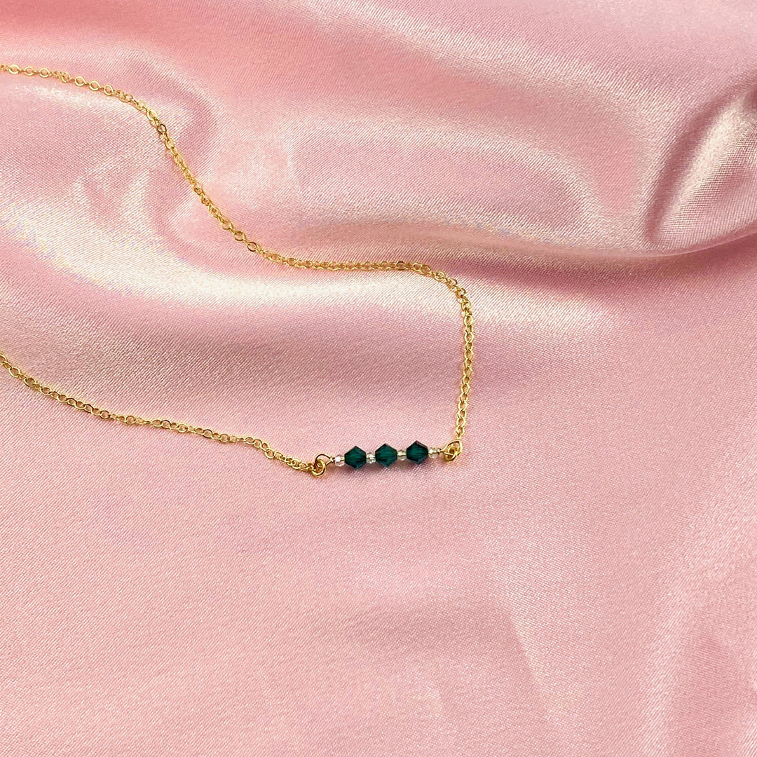 Emerald Green Crystal Bar Necklace, This hand made Emerald Green Crystal Bar Necklace combines minimalist vibes with a boho twist. Featuring three dazzling