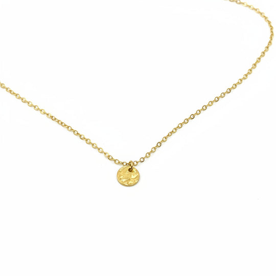 14K Gold Hammered Circle Disk Necklace, our dainty 14k gold disk necklace features a tiny hammered circle disk on a 14k gold-filled chain, 