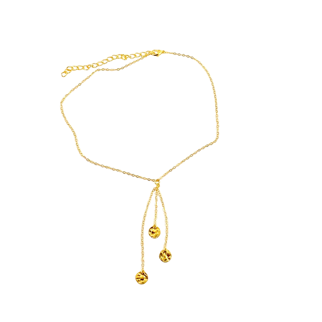 14K Gold Circle Choker Necklace, our delicate gold choker features three petite hammered circle charms on a 14k gold-filled chain with a lobster clasp.