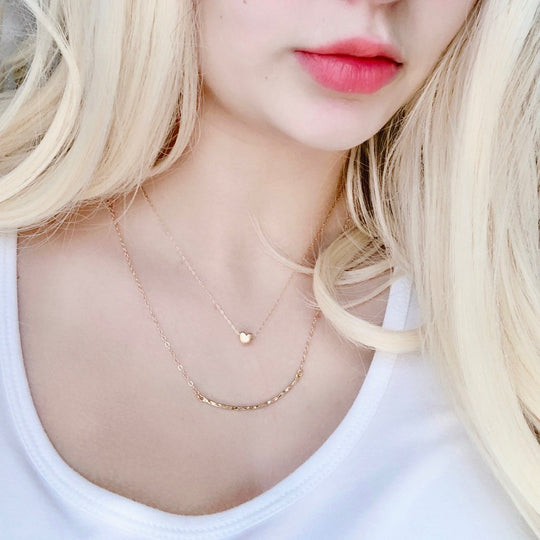 14K Gold Curved Skinny Bar Necklace, our small curved skinny bar charm with hammered edges is on 14k gold-filled chain, a sleek, slim bar that has a minimalist design 