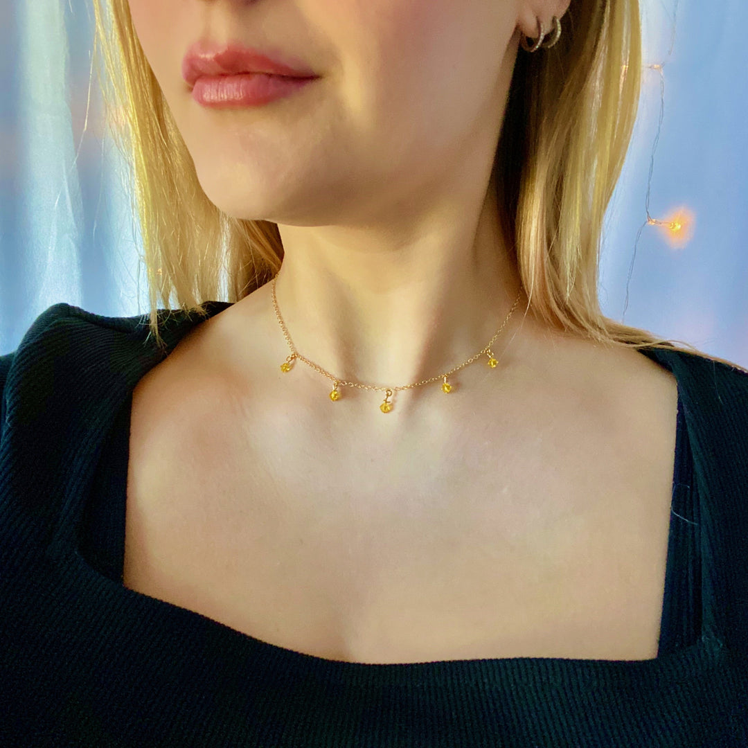 Yellow Crystal Choker Necklace, hand made with facetted petite crystals, wire wrapped on 14k gold filled chain, completed with a 14k gold filled lobster clasp