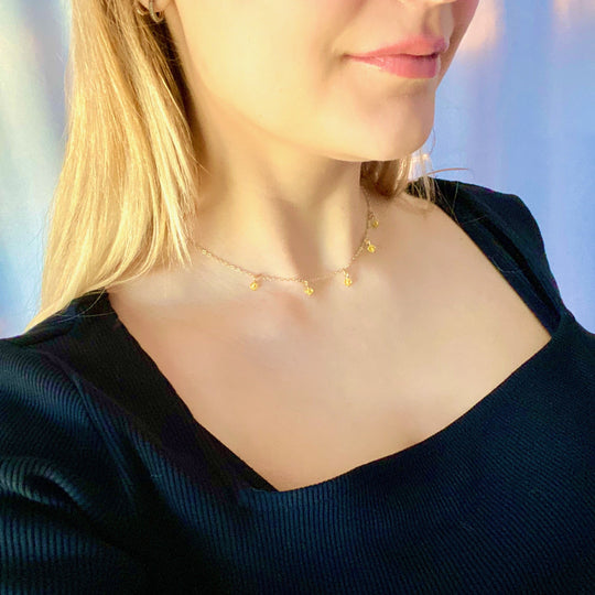 Yellow Crystal Choker Necklace, hand made with facetted petite crystals, wire wrapped on 14k gold filled chain, completed with a 14k gold filled lobster clasp