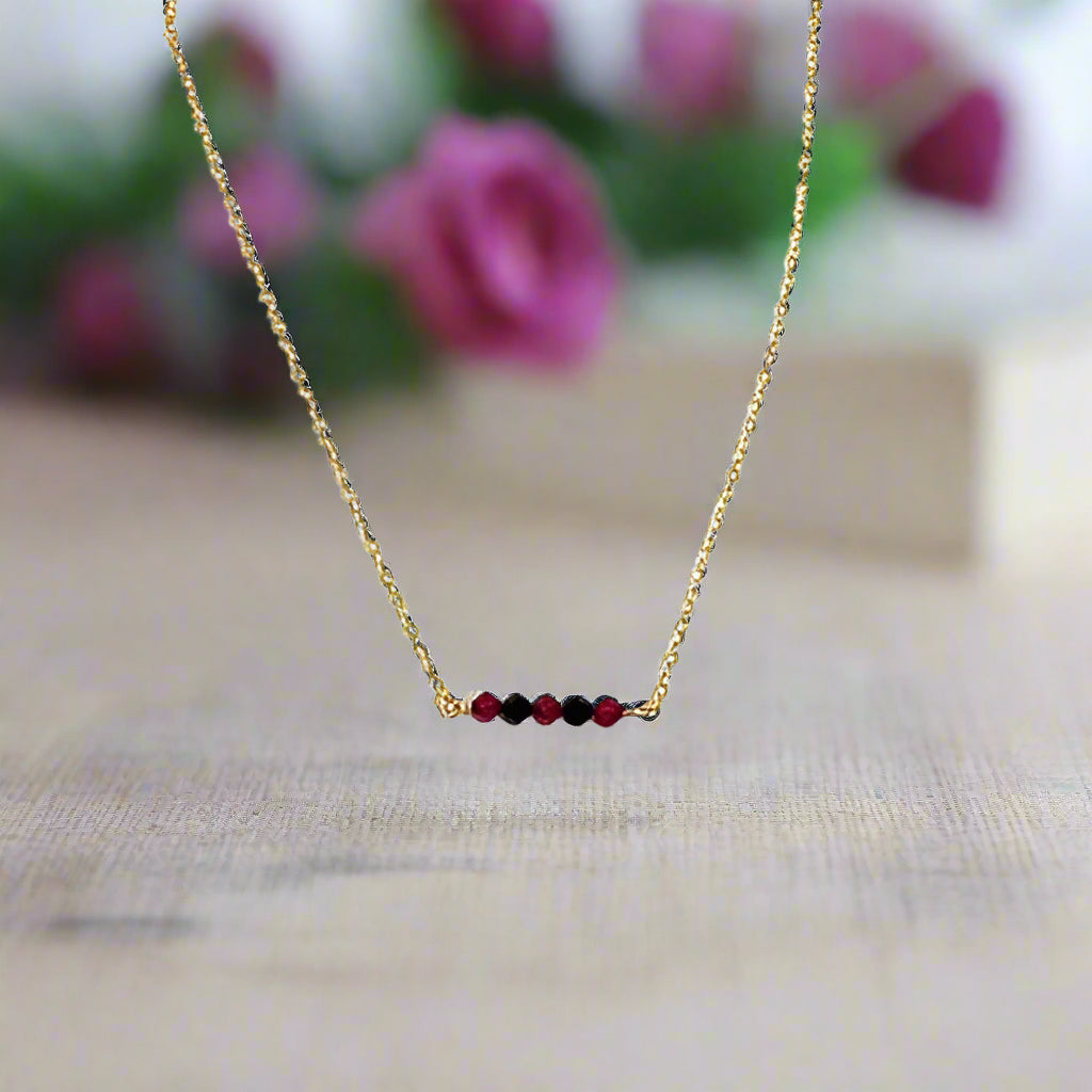 Red Black Crystal Bar Necklace, This hand made Red Black Crystal Bar Necklace combines minimalist vibes with a boho twist. Featuring three dazzling crystals