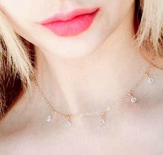 Clear Crystal Choker Necklace Minimalist Jewelry, hand made with facetted petite crystals, wire wrapped on 14k gold filled chain, completed with a 14k 