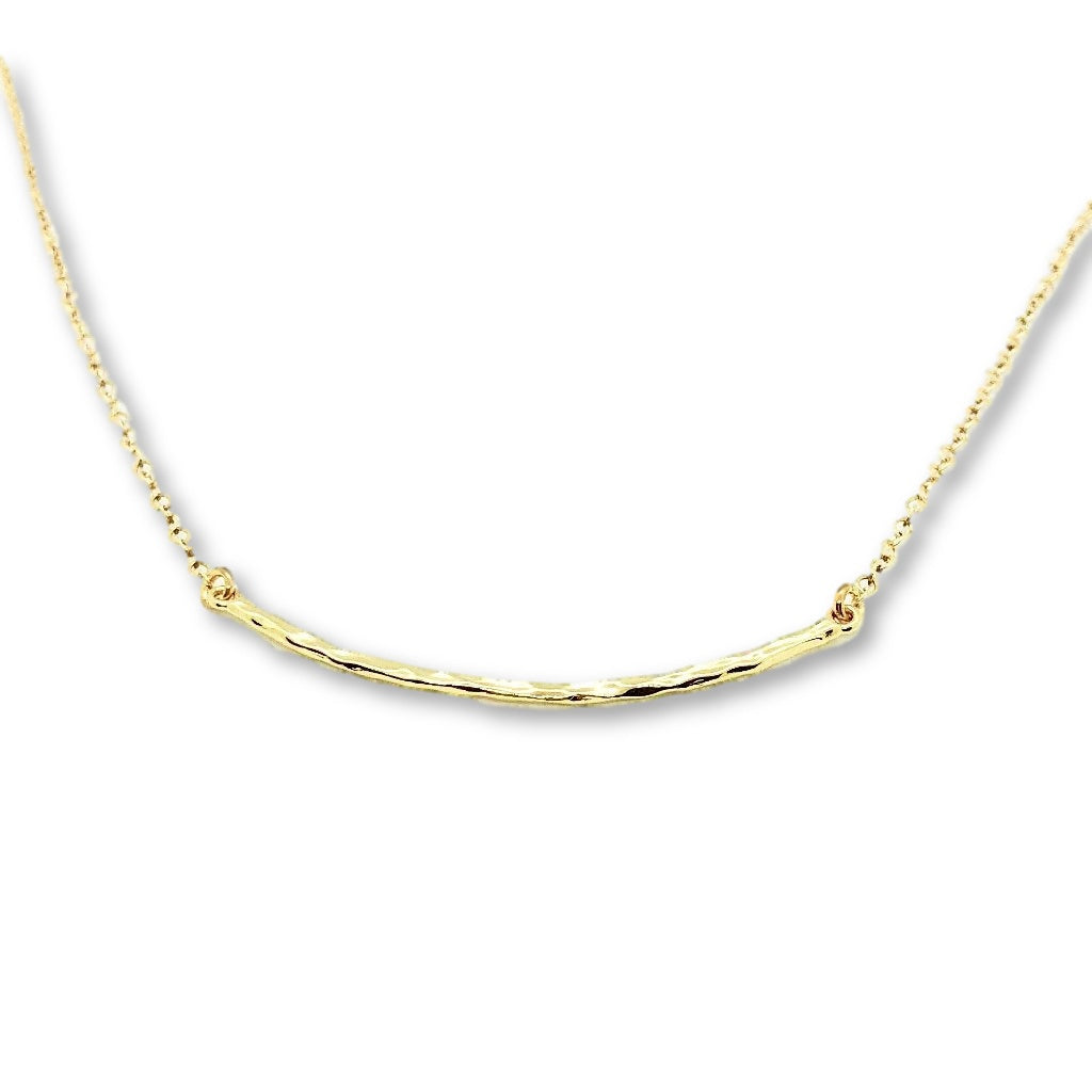 14K Gold Curved Skinny Bar Necklace, our small curved skinny bar charm with hammered edges is on 14k gold-filled chain, a sleek, slim bar that has a minimalist design 