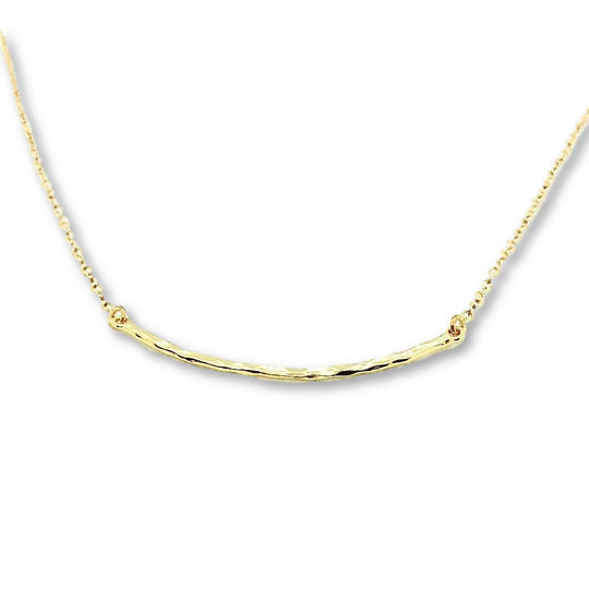 14K Gold Curved Skinny Bar Necklace, our small curved skinny bar charm with hammered edges is on 14k gold-filled chain, a sleek, slim bar that has a minimalist design 