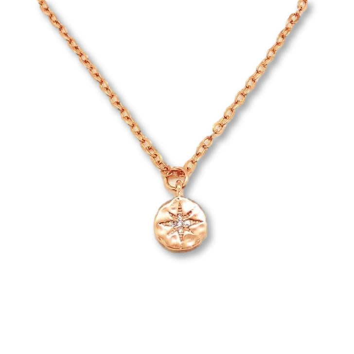 Rose Gold Compass Star Charm Necklace, this tiny rose gold hammered compass charm has a sparkling crystal center star, with minimalist design