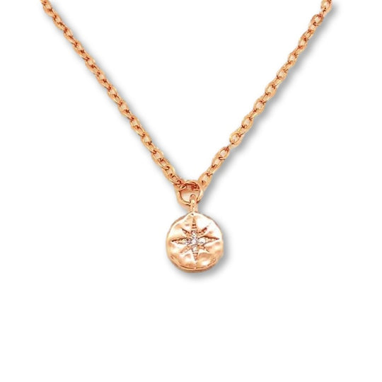 Rose Gold Compass Star Charm Necklace, this tiny rose gold hammered compass charm has a sparkling crystal center star, with minimalist design