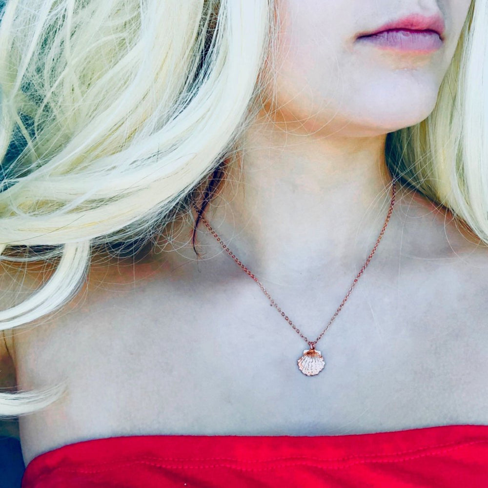 Rose Gold Mermaid Shell Charm Necklace, with it's textured surface, this vibrant rose gold mermaid clam shell sparkles in just the right places, it's beauty, on rose gold chain, makes a sweet treasure to adore.