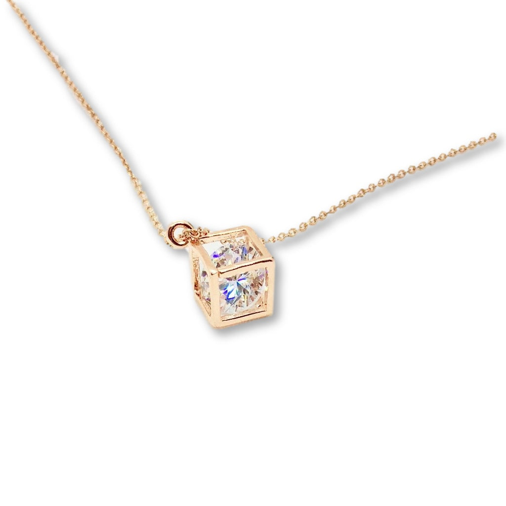 Rose Gold Diamond In A Box Charm Necklace, a sweet gift, this diamond solitaire sparkles in it's rose gold box, a fun piece of jewelry for someone special.