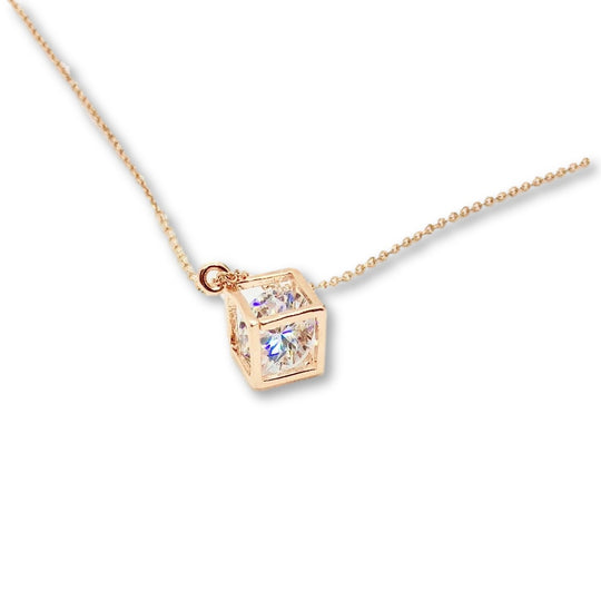 Rose Gold Diamond In A Box Charm Necklace, a sweet gift, this diamond solitaire sparkles in it's rose gold box, a fun piece of jewelry for someone special.