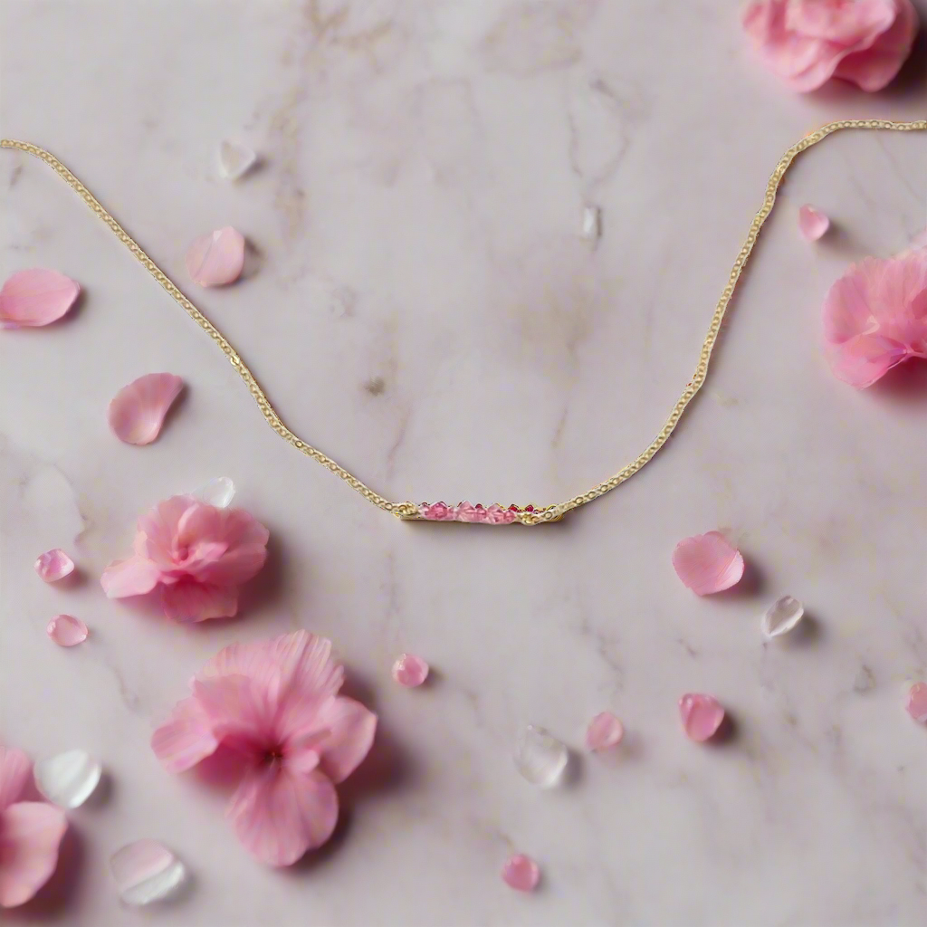 Pink Crystal Bar Necklace Hand Made Jewelry, This hand made Pink Crystal Bar Necklace combines minimalist vibes with a boho twist. F