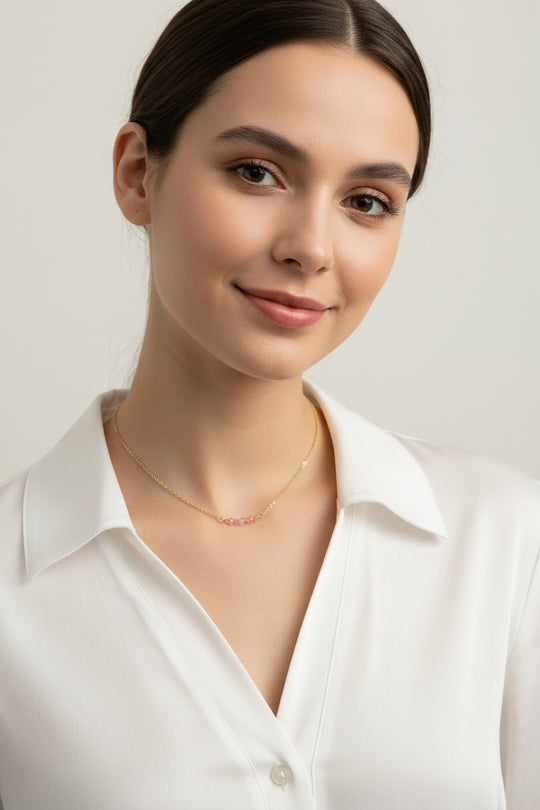 Pink Crystal Bar Necklace Hand Made Jewelry, This hand made Pink Crystal Bar Necklace combines minimalist vibes with a boho twist. F