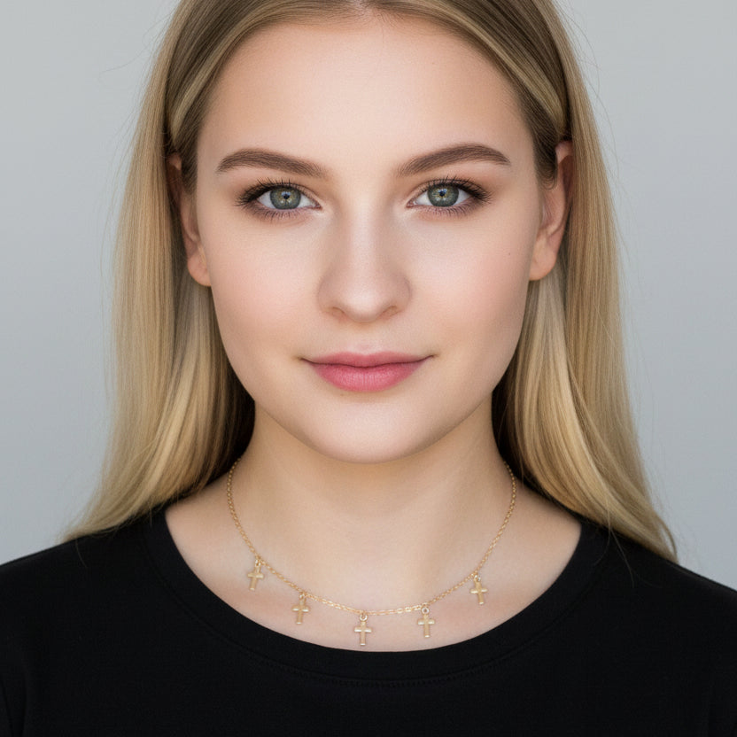 Gold Cross Choker Chain Necklace, is a delicate piece with tiny gold crosses on 14k gold-filled chain. It's adoring charm makes it versatile and unique.