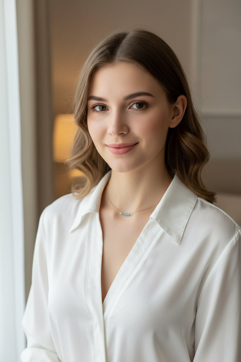 Aquamarine Blue Crystal Bar Necklace Hand Made Jewelry, This hand made Aquamarine Blue Crystal Bar Necklace combines minimalist vibes with a boho twist.
