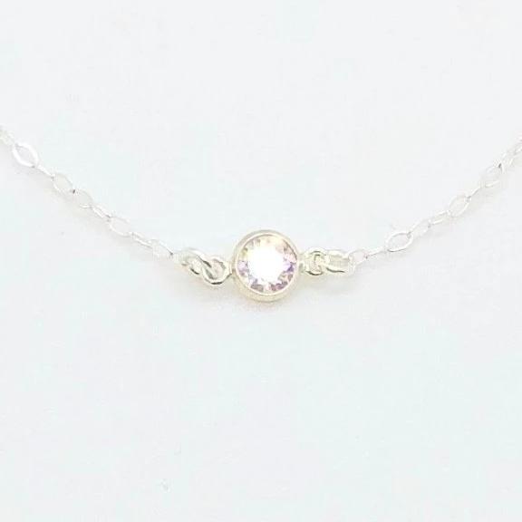 Sterling Silver Cubic Zirconia Solitaire Necklace, a tiny cubic zirconia crystal in a silver bezel frame on sterling silver chain, a sweet & petite charm necklace.