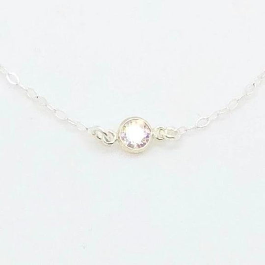 Sterling Silver Cubic Zirconia Solitaire Necklace, a tiny cubic zirconia crystal in a silver bezel frame on sterling silver chain, a sweet & petite charm necklace.