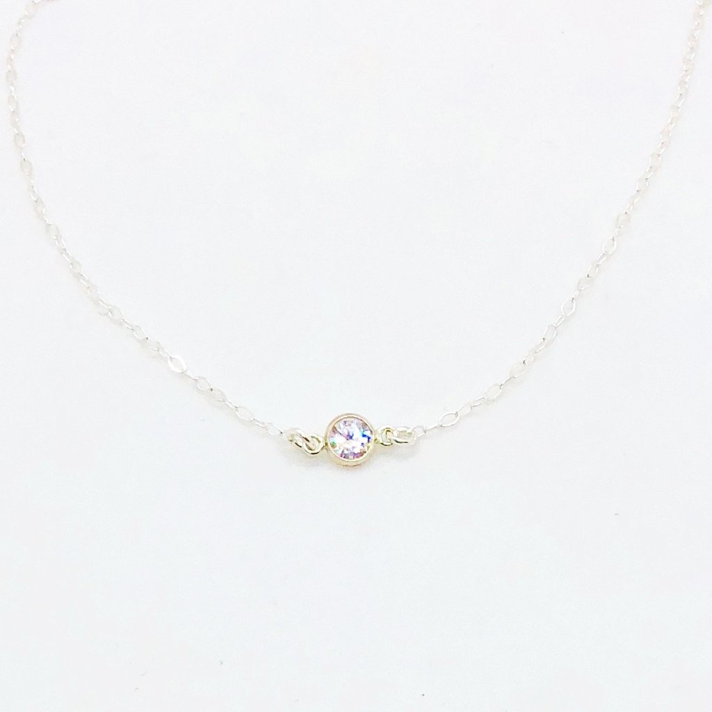 Sterling Silver Cubic Zirconia Solitaire Necklace, a tiny cubic zirconia crystal in a silver bezel frame on sterling silver chain, a sweet & petite charm necklace.