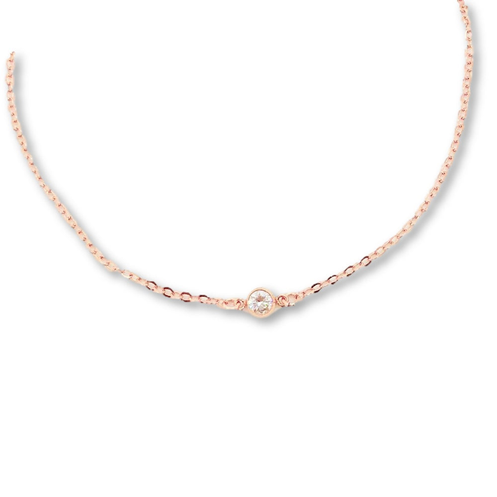 Rose Gold Cubic Zirconia Solitaire Necklace, this tiny rose gold cubic zirconia solitaire crystal charm in a rose gold bezel frame, offers a sweet & petite tiny sparkle on rose gold chain.
