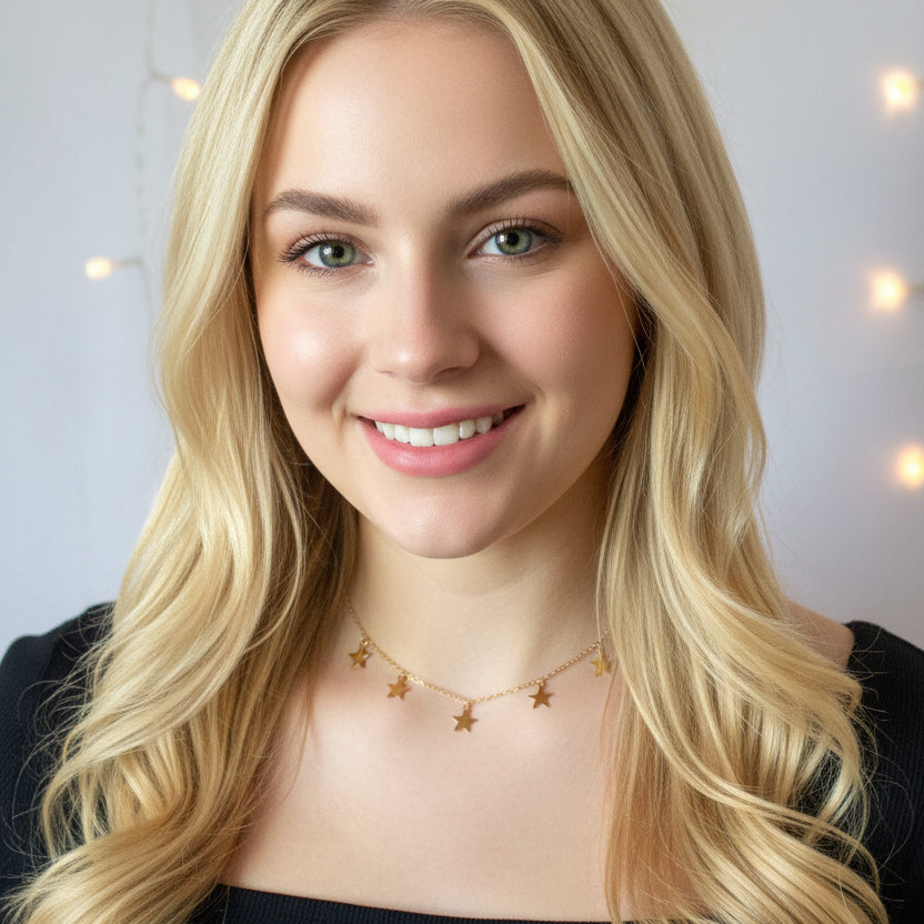 Gold Star Choker Necklace Minimalist Jewelry, Five Sweet & Petite Gold Stars hang on 14k gold filled chain with a lobster clasp for a secure closure. 