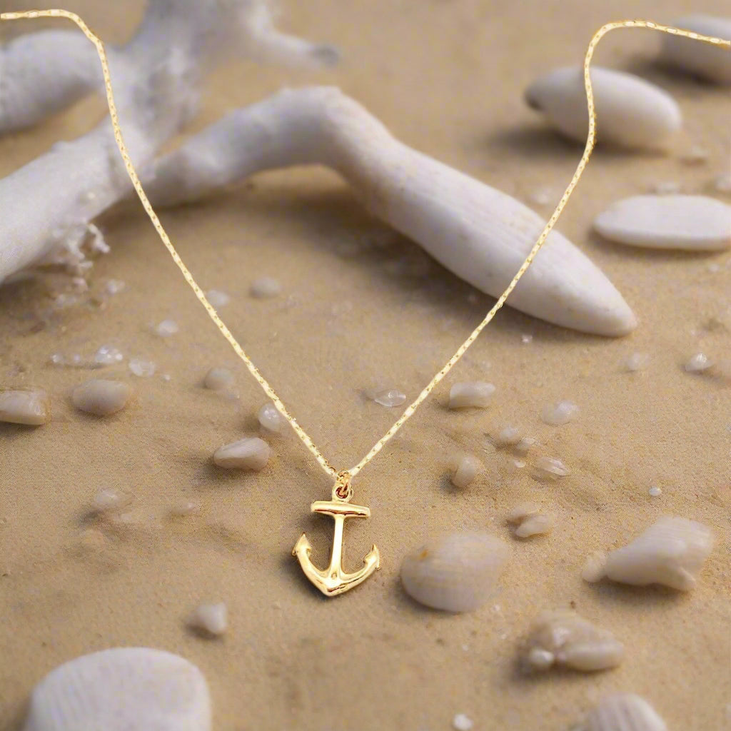 14K Tiny Gold Anchor Charm Necklace, our tiny anchor charm necklace has a tiny 14k gold anchor charm on 14k gold-filled chain, a ocean or boat lovers s