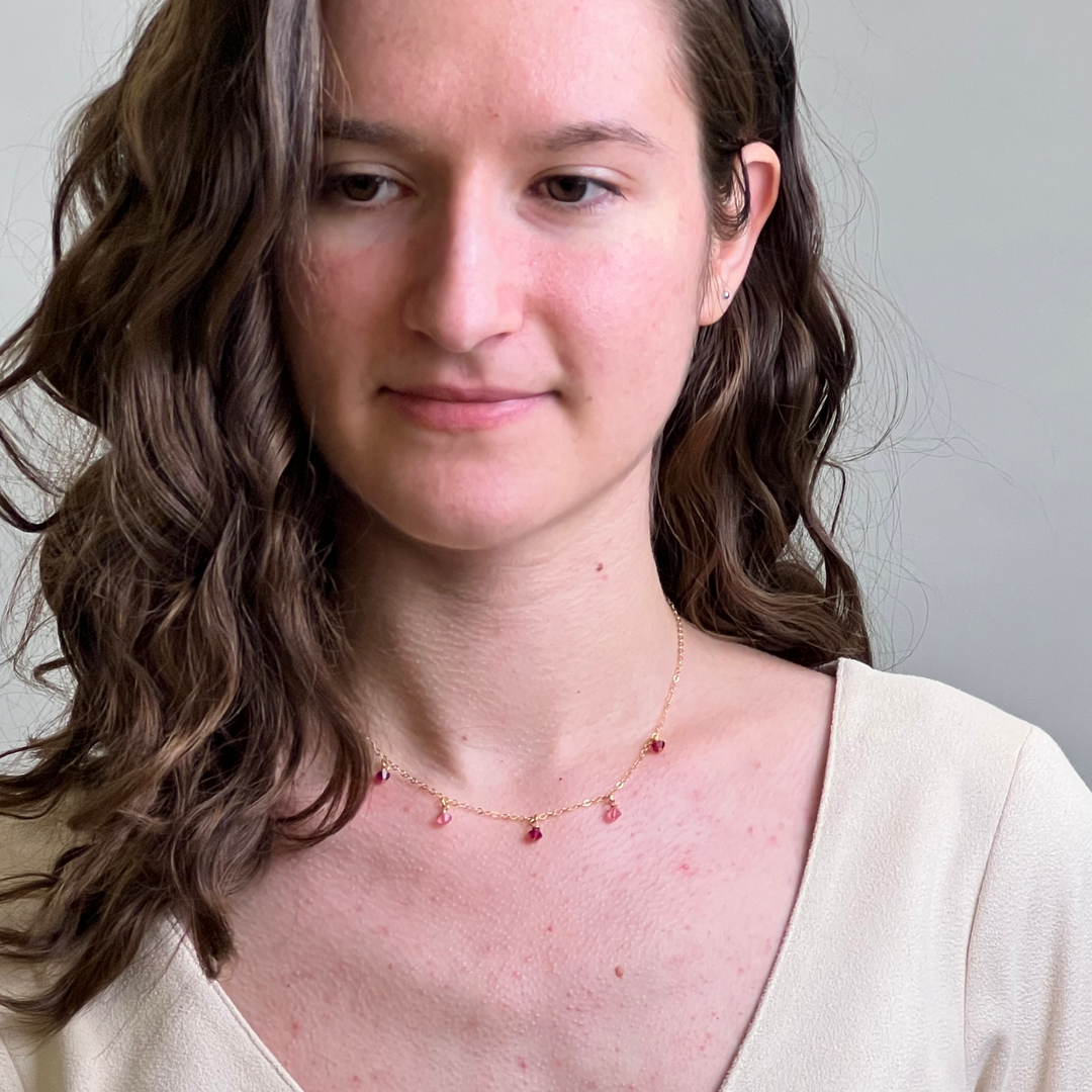 Red Pink Crystal Choker Necklace Minimalist Jewelry, hand made with facetted petite crystals, wire wrapped on 14k gold filled chain, completed with a 14k gold filled lobster clasp