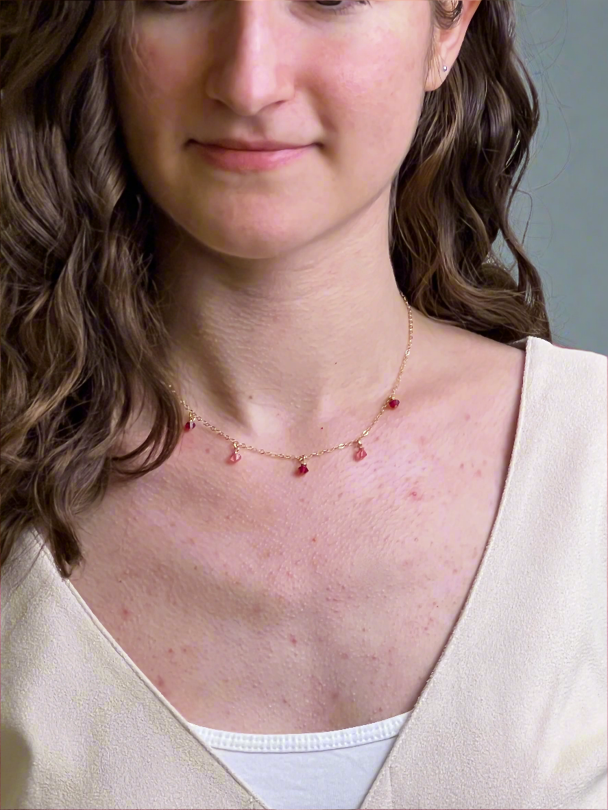 Red Pink Crystal Choker Necklace Minimalist Jewelry, hand made with facetted petite crystals, wire wrapped on 14k gold filled chain, completed with a 14k gold filled lobster clasp