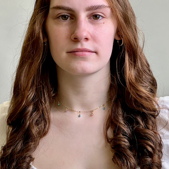 Blue Pink Crystal Choker Necklace Minimalist Jewelry Hand Made, with facetted petite crystals, wire wrapped on 14k gold filled chain, completed with a 14k gold filled lobster