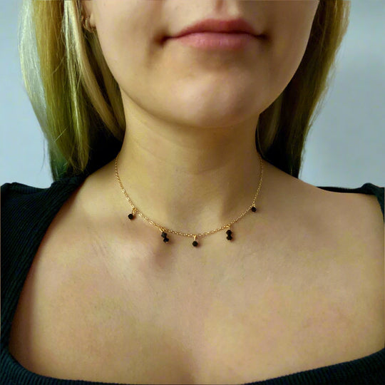 Black Crystal Choker Necklace, hand made with facetted petite crystals, wire wrapped on 14k gold filled chain, completed with a 14k gold filled lobster clasp