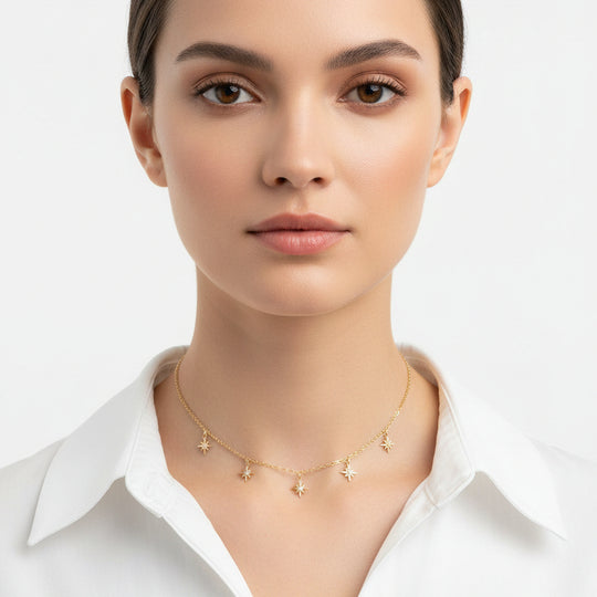Tiny Star Charm Choker Necklace, hand crafted with tiny gold stars that have a sparkling cubic zirconia crystal center, on 14k gold-filled chain. A unique blend of a sweet & petite jewelry treasure.
