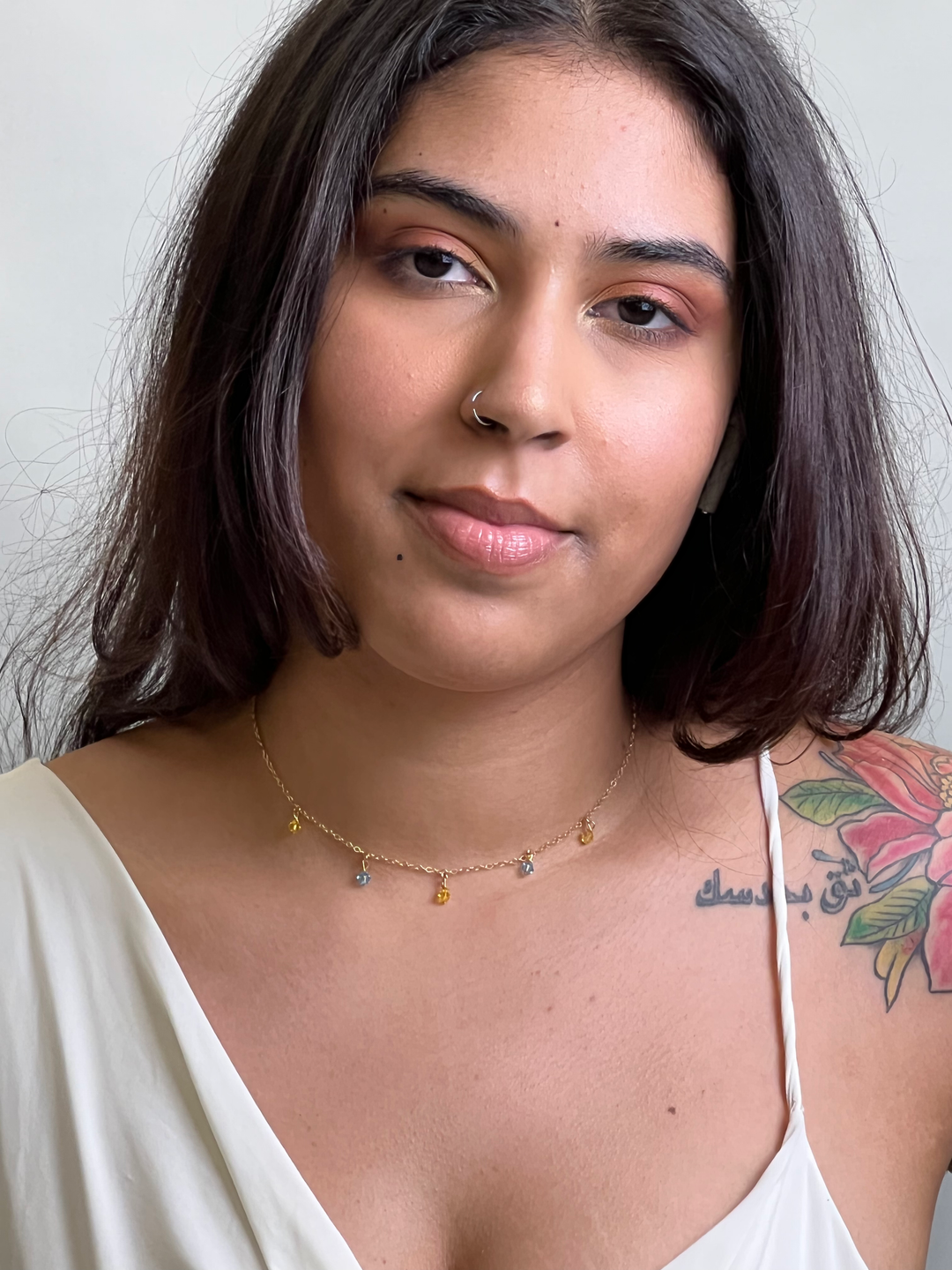 Yellow Blue Crystal Choker Necklace, hand made with facetted petite crystals, wire wrapped on 14k gold filled chain, completed with a 14k gold filled lobster clasp