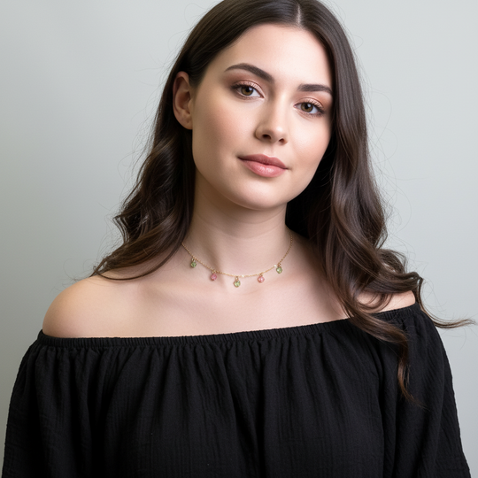 Pink Peridot Green Crystal Butterfly Choker Necklace, Add a touch of charm with the Pink Peridot Butterfly Choker Necklace, a delightful chain of crystal butterflies