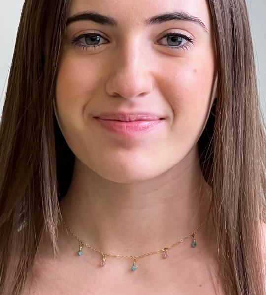 Blue Pink Crystal Choker Necklace Minimalist Jewelry Hand Made, with facetted petite crystals, wire wrapped on 14k gold filled chain, completed with a 14k gold filled lobster
