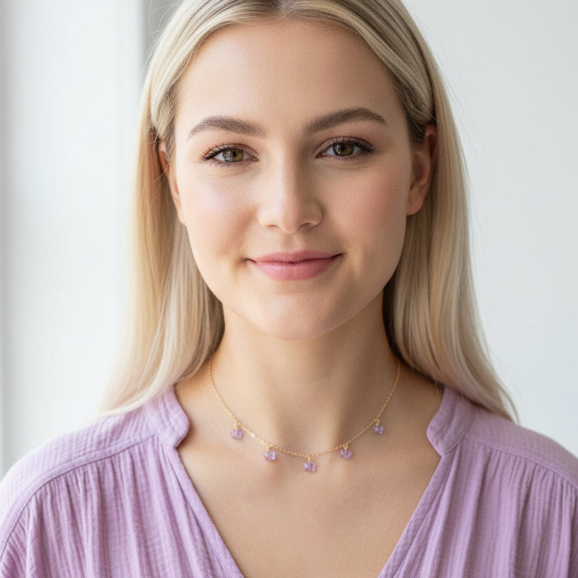 Violet Crystal Butterfly Choker Necklace, Add a touch of charm with the Violet Crystal Butterfly Choker Necklace, a delightful chain of crystal butterflies 