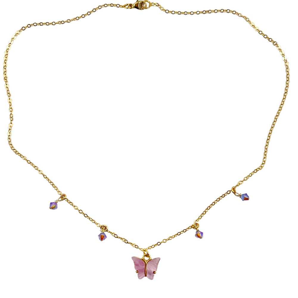 Pink Butterfly Choker Necklace, Add a touch of charm with the Pink Butterfly Necklace, a delightful mix of pearlized and crystal butterflies crafted by hand