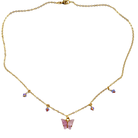 Pink Butterfly Choker Necklace, Add a touch of charm with the Pink Butterfly Necklace, a delightful mix of pearlized and crystal butterflies crafted by hand
