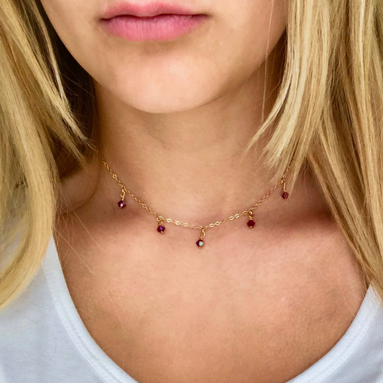 Ruby Red Crystal Choker Necklace, hand made with facetted petite crystals, wire wrapped on 14k gold filled chain, completed with a 14k gold 