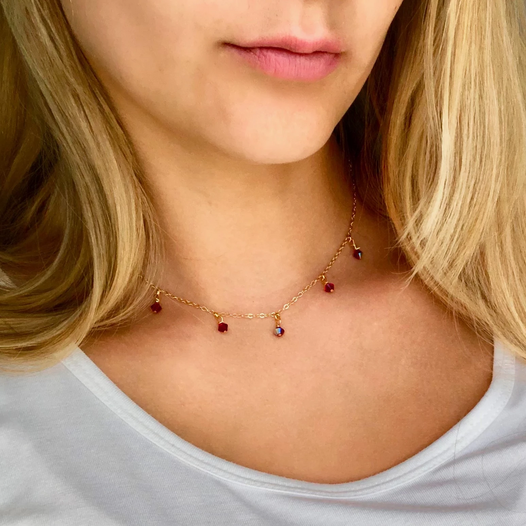 Ruby Red Crystal Choker Necklace, hand made with facetted petite crystals, wire wrapped on 14k gold filled chain, completed with a 14k gold 