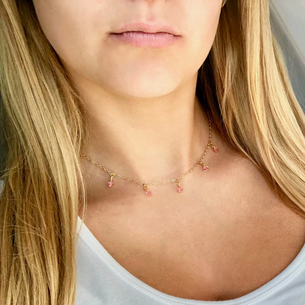 Rose Pink Crystal Choker Necklace Minimalist Jewelry, hand made with facetted petite crystals, wire wrapped on 14k gold filled chain, completed with a 14k gold 
