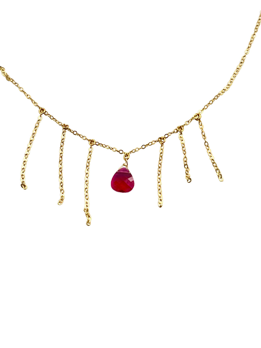Ruby Red Crystal Gold Tassel Necklace Minimalist Jewelry, hand made with a boho chic style in mind. Each necklace is uniquely crafted with 14k gold f