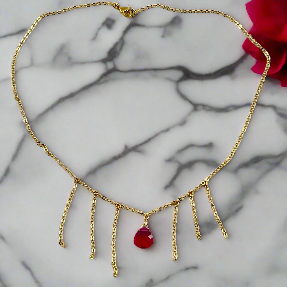 Ruby Red Crystal Gold Tassel Necklace Minimalist Jewelry, hand made with a boho chic style in mind. Each necklace is uniquely crafted with 14k gold f