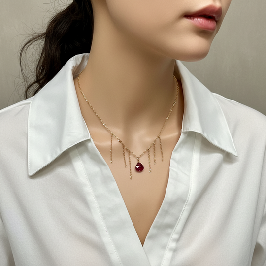 Ruby Red Crystal Gold Tassel Necklace Minimalist Jewelry, hand made with a boho chic style in mind. Each necklace is uniquely crafted with 14k gold f