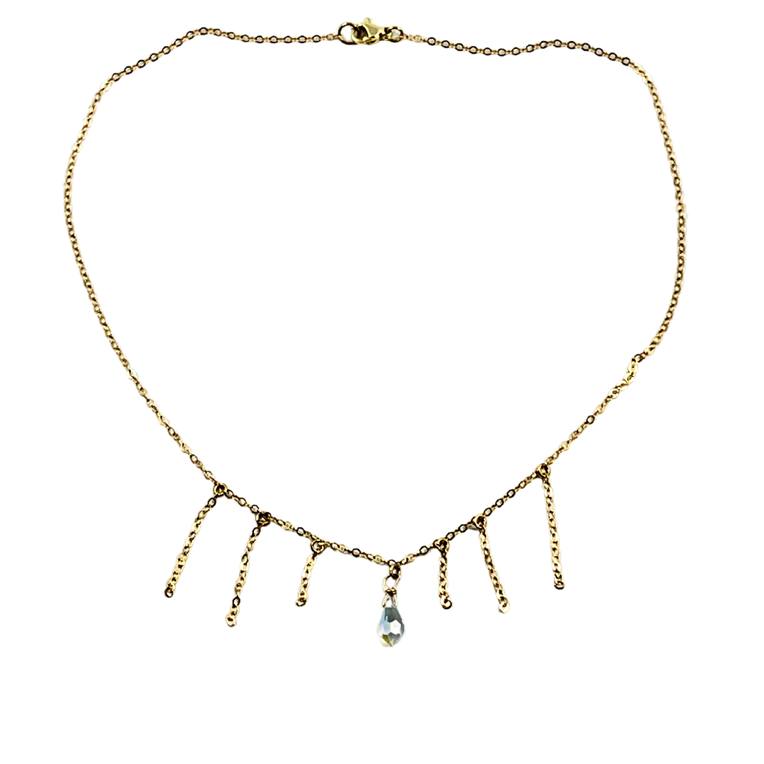 Clear Crystal Gold Tassel Necklace Minimalist Jewelry,  hand made with a boho chic style in mind. Each necklace is uniquely crafted with 14k gold fi