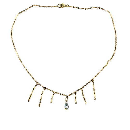 Clear Crystal Gold Tassel Necklace Minimalist Jewelry,  hand made with a boho chic style in mind. Each necklace is uniquely crafted with 14k gold fi